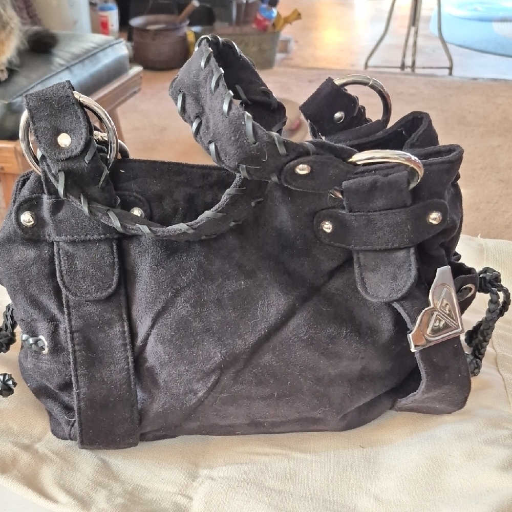Roxy Black Suede Shoulder Bag with Braided Handles